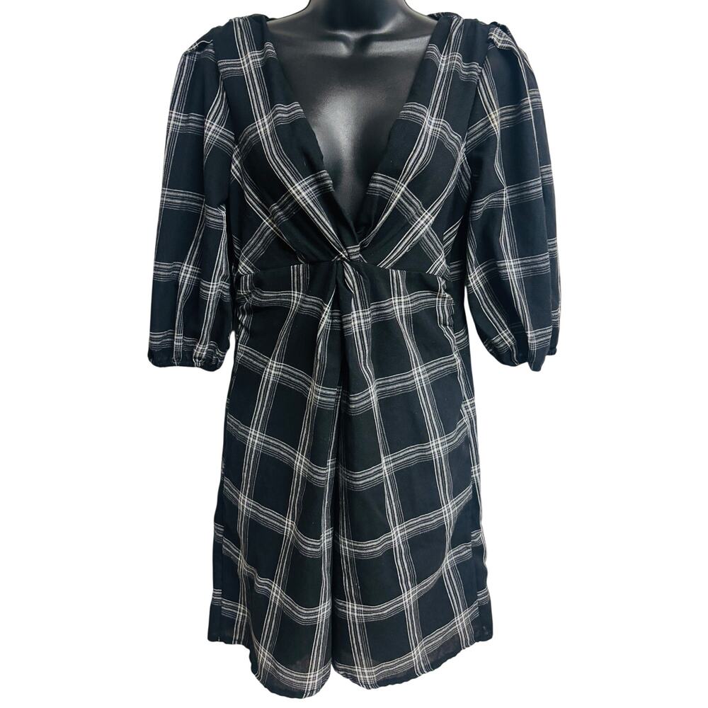 Free People Black Plaid Mini Dress Size 0 Long Sleeve Tie Front Boho NWOT New